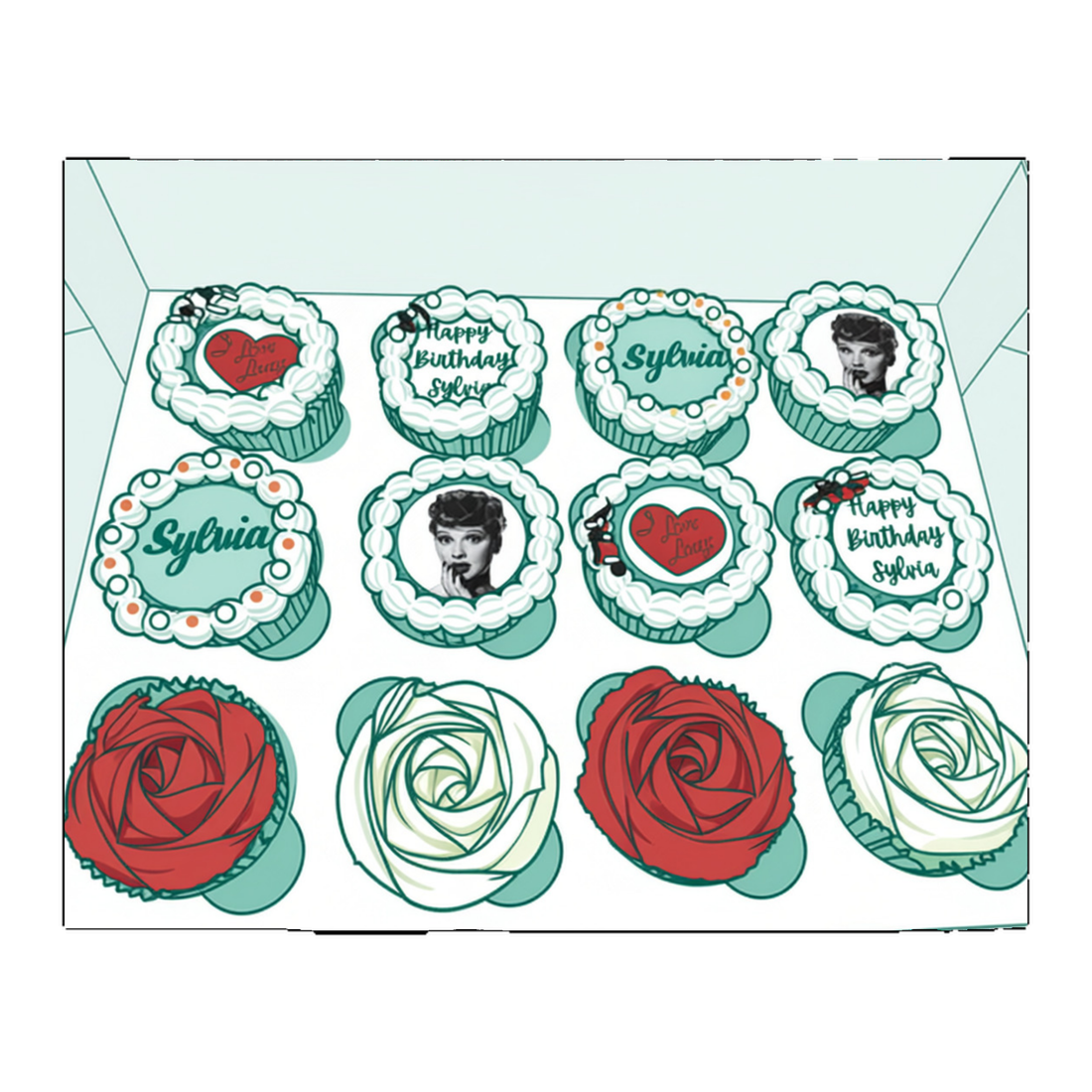 A boxed dozen of Dee&rsquo;z Cakes decorated cupcakes